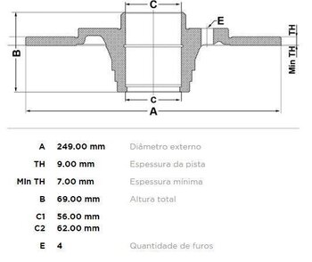 DISCO FREIO PEUGEOT 307 (3A/C) 1.6 Passion 16V TRAS 2000 2006 25x25x12