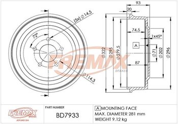 KIT 2 PÇs TAMBOR FREIO FORD RANGER (ET) 3.0 D XLT 2005 2012