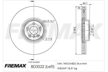 DISCO FREIO BMW X7 (G07) xDrive M 50 i EIXO DIANTEIRO LADO ESQUERDO 2020 2022 66,5