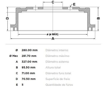 TAMBOR FREIO FORD RANGER (ER, EQ, R_) 2.8 D XL EIXO TRASEIRO 2001 2006 33X33X12