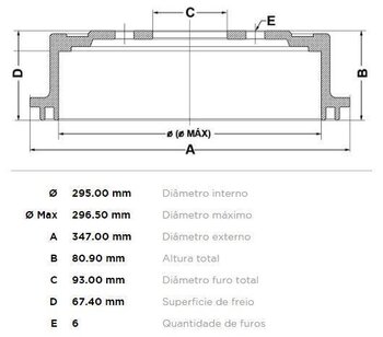 TAMBOR FREIO FORD RANGER (ER, EQ, R_) 4.0 4x4 EIXO TRASEIRO 1997 2002 35X35X12