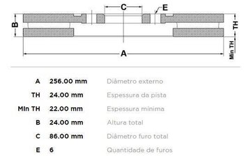 DISCO FREIO KIA BESTA Furgão 2.7 D 16L DIANT 1993 1999 26X26X12