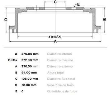 TAMBOR FREIO MITSUBISHI L200 (K7_T, K6_T, K34T, K5_T) 2.5 TD GL/GLS 4WD (K74T) EIXO TRASEIRO 1996 2007 34X34X12