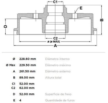 TAMBOR FREIO RENAULT KANGOO Express (FC0/1_) 1.6 Expression Flex (FC1U, FC1Y, FC14, FC16, FC17) TRAS 2007 2018 24x24x12