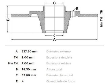 DISCO FREIO RENAULT 19 I (B/C53_) 1.6 16V (BM0C, CM0C) TRAS 2002 EM DIANTE 24X24X12