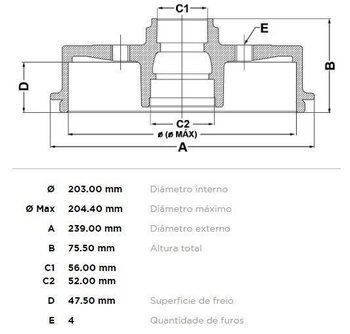 TAMBOR FREIO CITROËN C3 I (FC_, FN_) 1.4 i GLX EIXO TRASEIRO 2003 2005 25x25x12